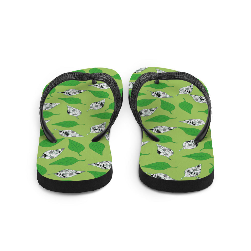 Green Leaf Print Flip-Flops