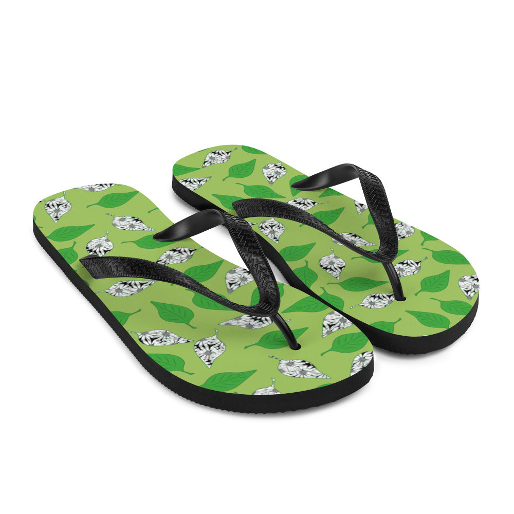 Green Leaf Print Flip-Flops